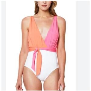 Sanctuary Block Party Tie Front Plunge One-Piece Swimsuit Pink & Orange XS NWT